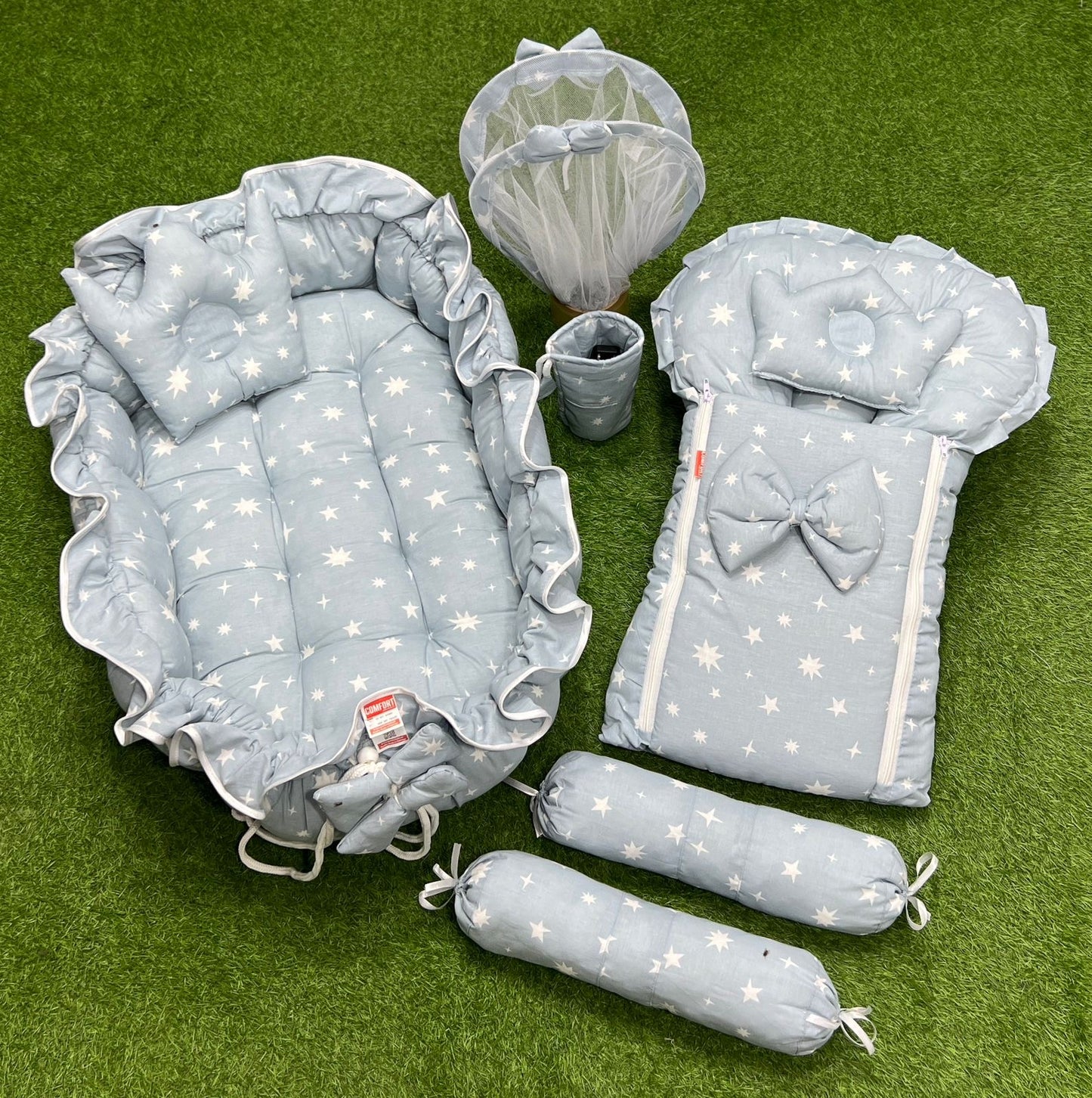 8pcs Royal Snuggle Bed Set. Comforts Oval Masterpiece - Dotted Grey