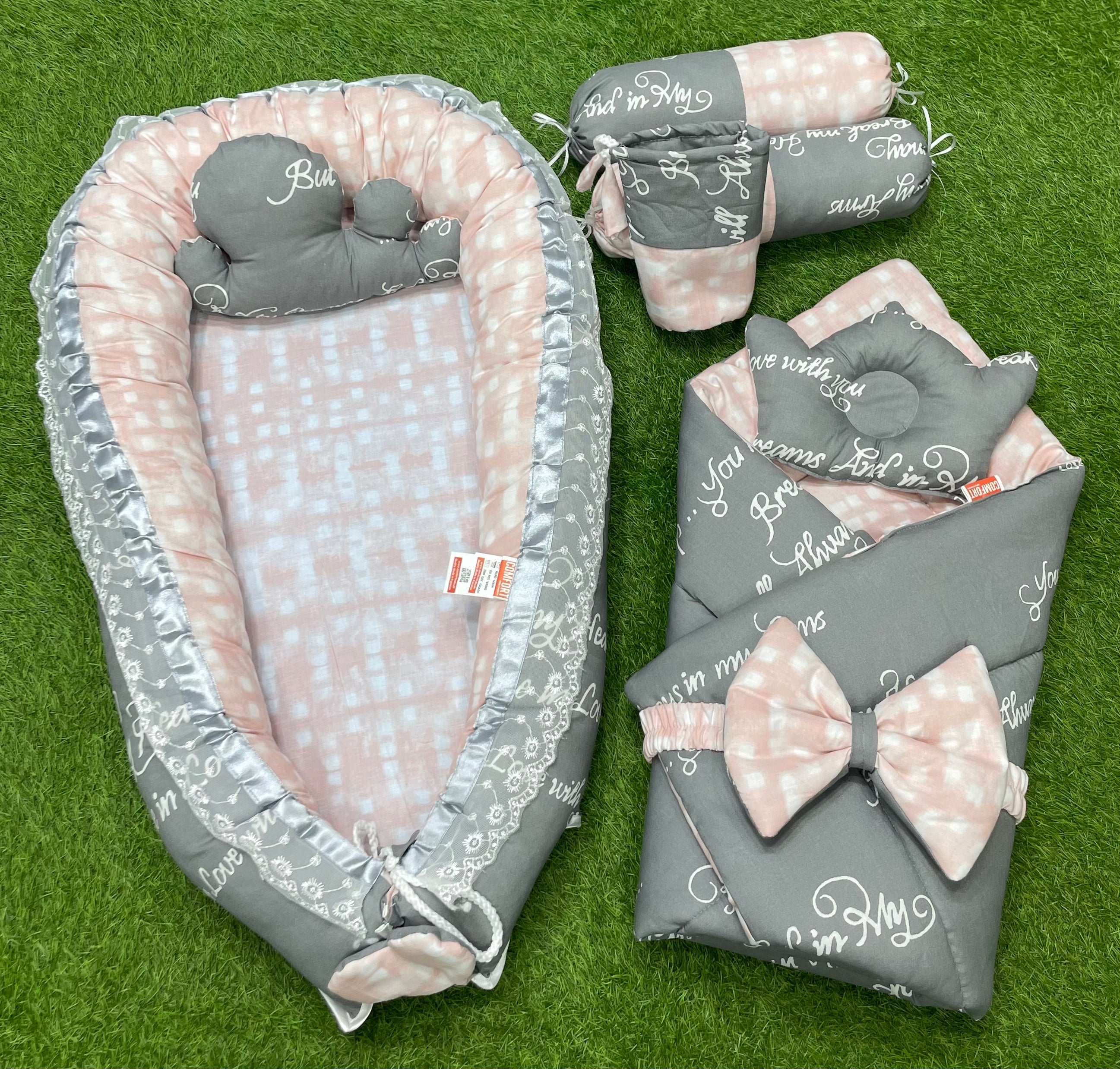9pcs Baby Snuggle Bed Set Grey Pink Writing