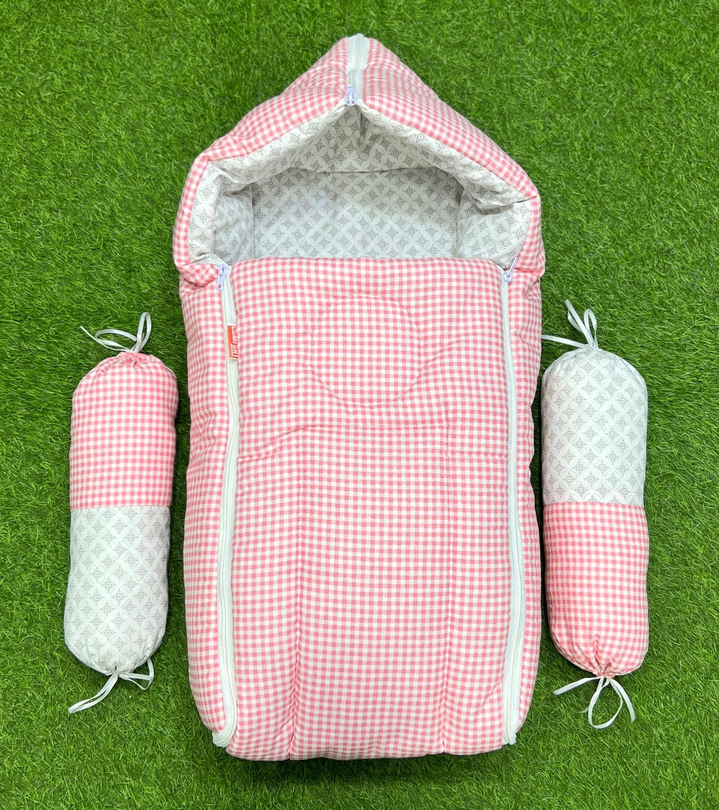 3pcs 2in1 hooded travel carry nest cute bundle (Pink Check)