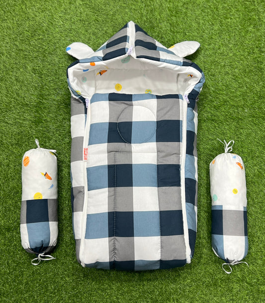 3pcs 2in1 hooded travel carry nest cute bundle (blue checkered)