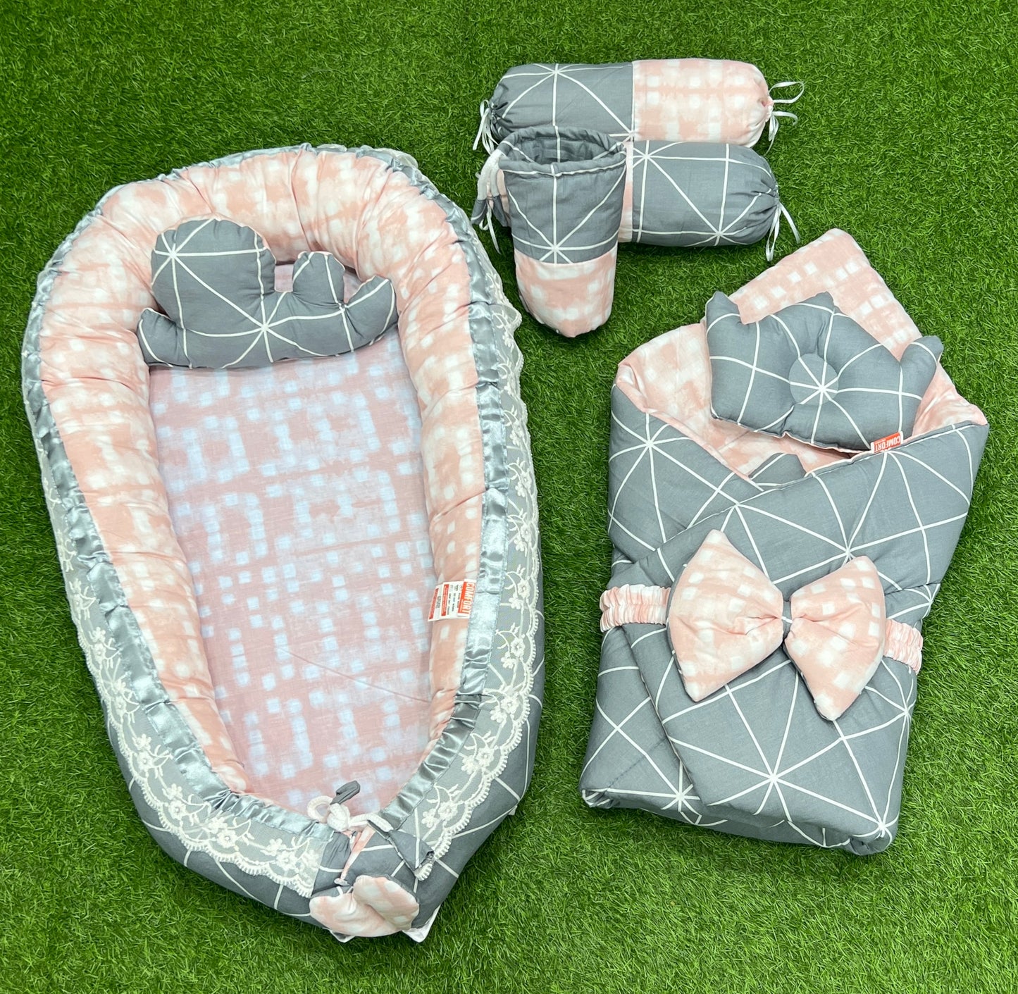 9pcs Baby Snuggle Bed Set -- Grey Pink