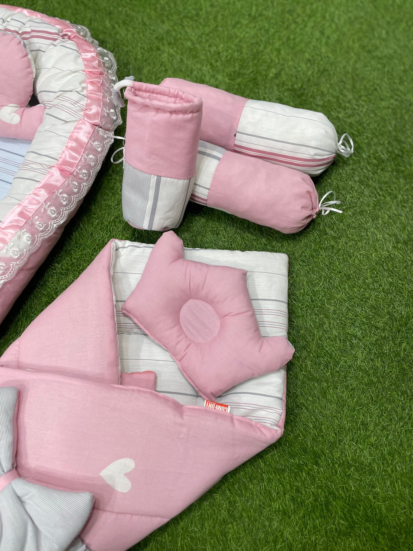 9pcs Baby Snuggle Bed Set - - Cute Pink White