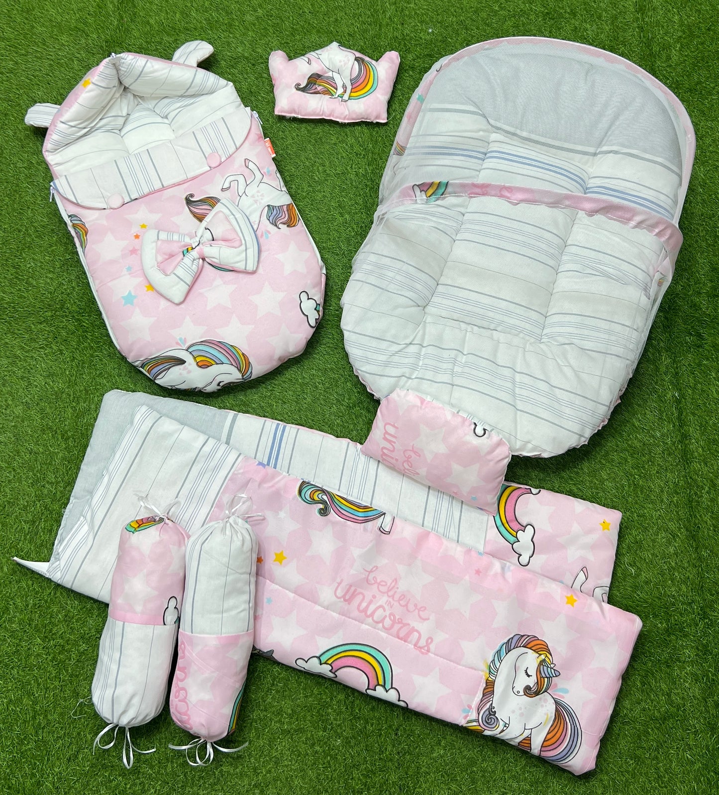 7pcs Fancy & Stylish Baby Bedding Set - - Pink Unicorn