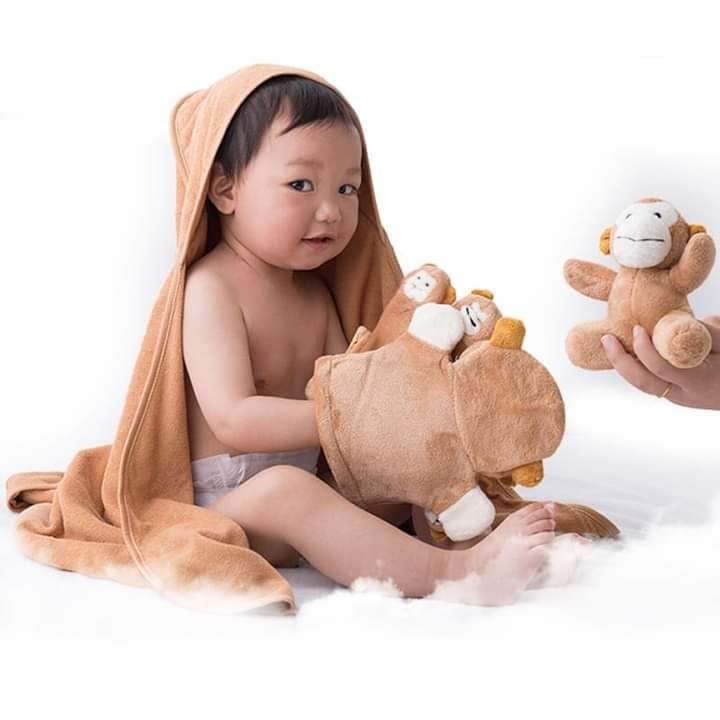 Baby Bath Towel cum Wrapping Sheet with Stuffed Toys