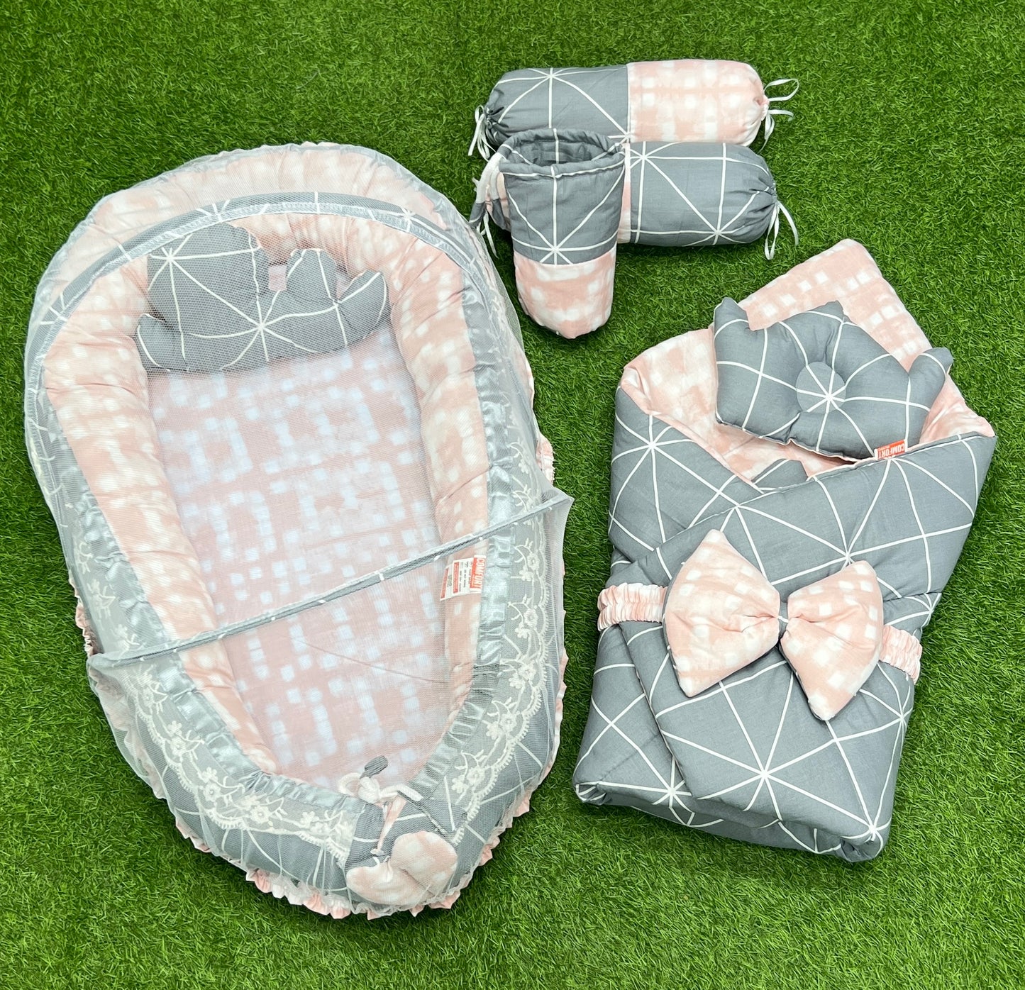 9pcs Baby Snuggle Bed Set -- Grey Pink