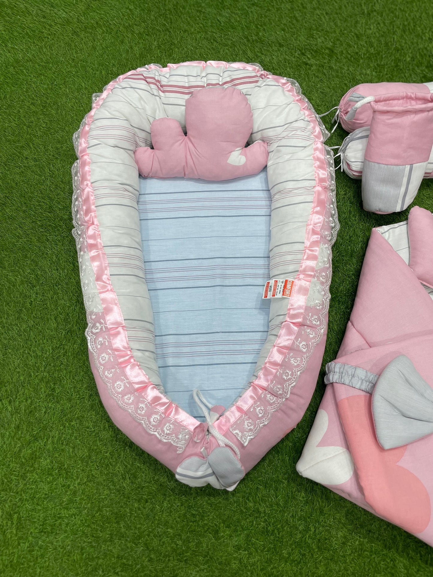 9pcs Baby Snuggle Bed Set - - Cute Pink White