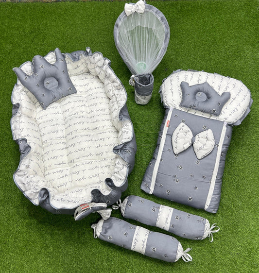 8pcs Royal Snuggle Bed Set. Comforts Oval Masterpiece - Grey Legend*