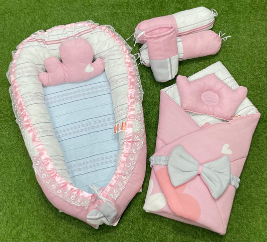 9pcs Baby Snuggle Bed Set - - Cute Pink White