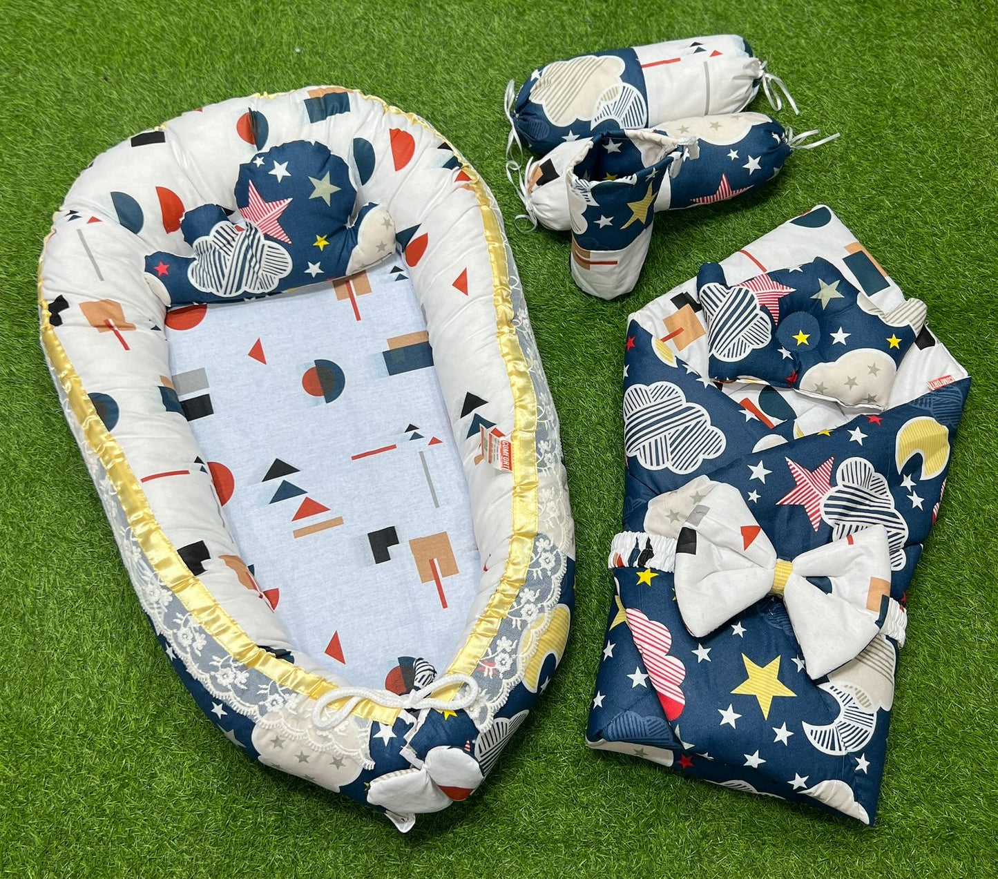 9pcs Baby Snuggle Bed Set - - Green Stars