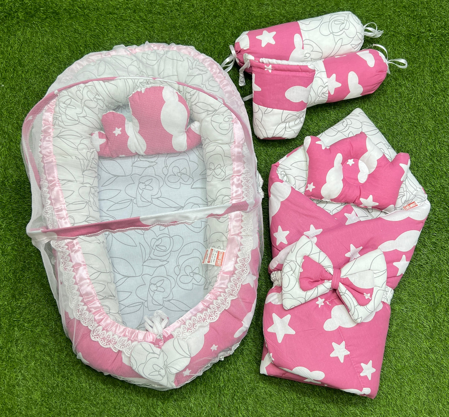 9pcs Baby Snuggle Bed Set - - Pink Clouds