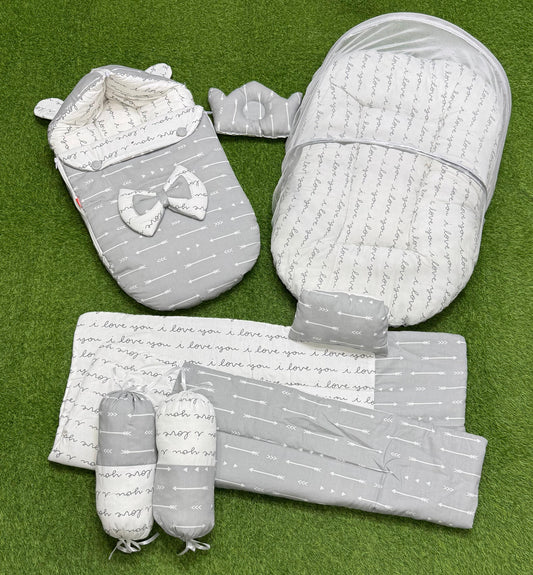 7pcs Fancy & Stylish Baby Bedding Set -- Grey & White