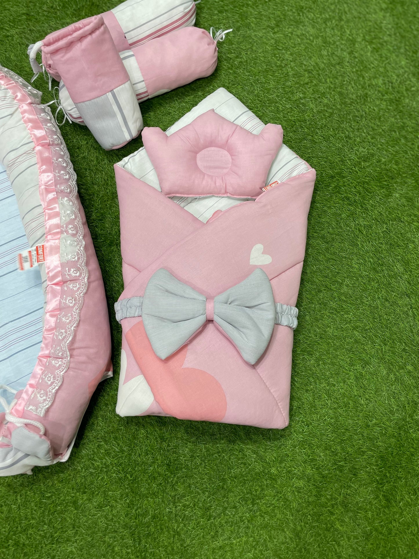 9pcs Baby Snuggle Bed Set - - Cute Pink White