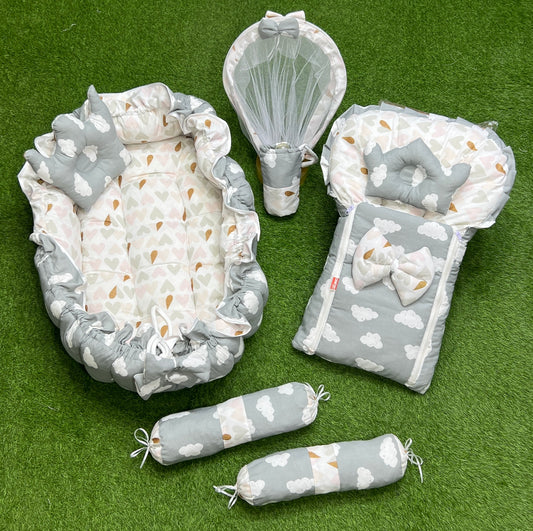 8pcs Royal Snuggle Bed Set. Comforts Oval Masterpiece - Grey Clouds