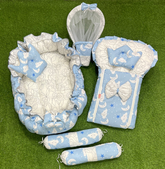 8pcs Royal Snuggle Bed Set. Comforts Oval Masterpiece - Sky Blue