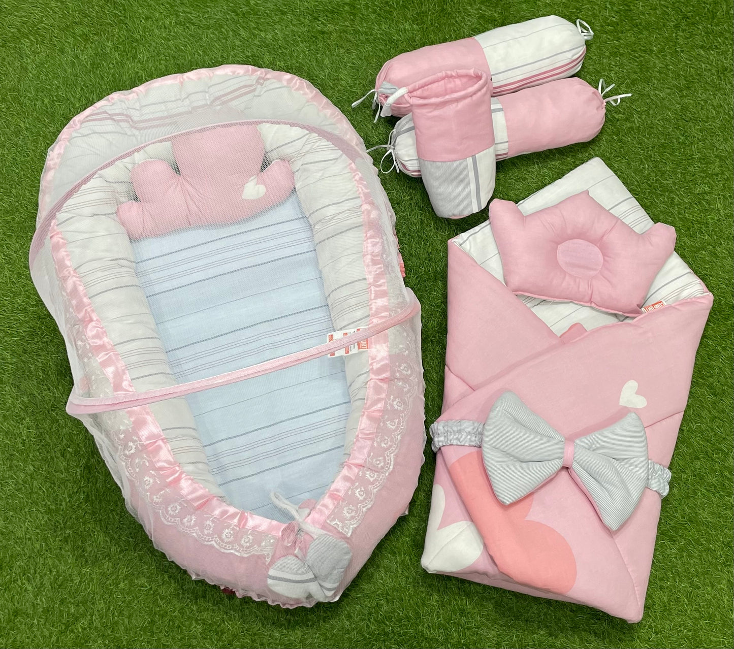 9pcs Baby Snuggle Bed Set - - Cute Pink White