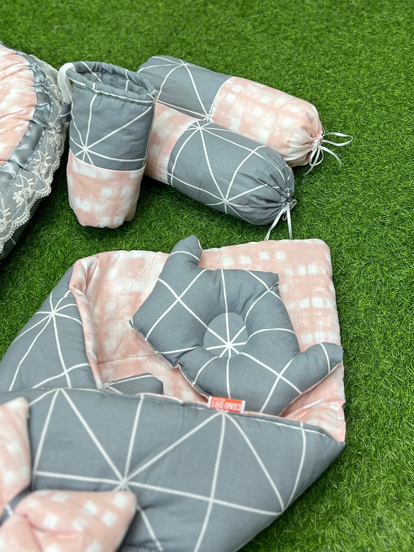 9pcs Baby Snuggle Bed Set -- Grey Pink