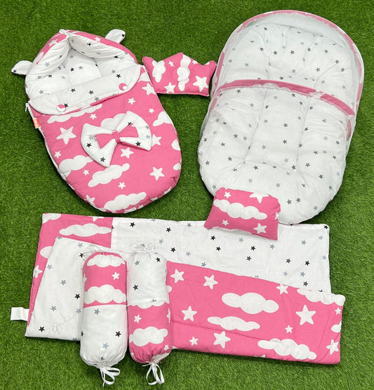 7pcs Fancy & Stylish Baby Bedding Set - - pink clouds