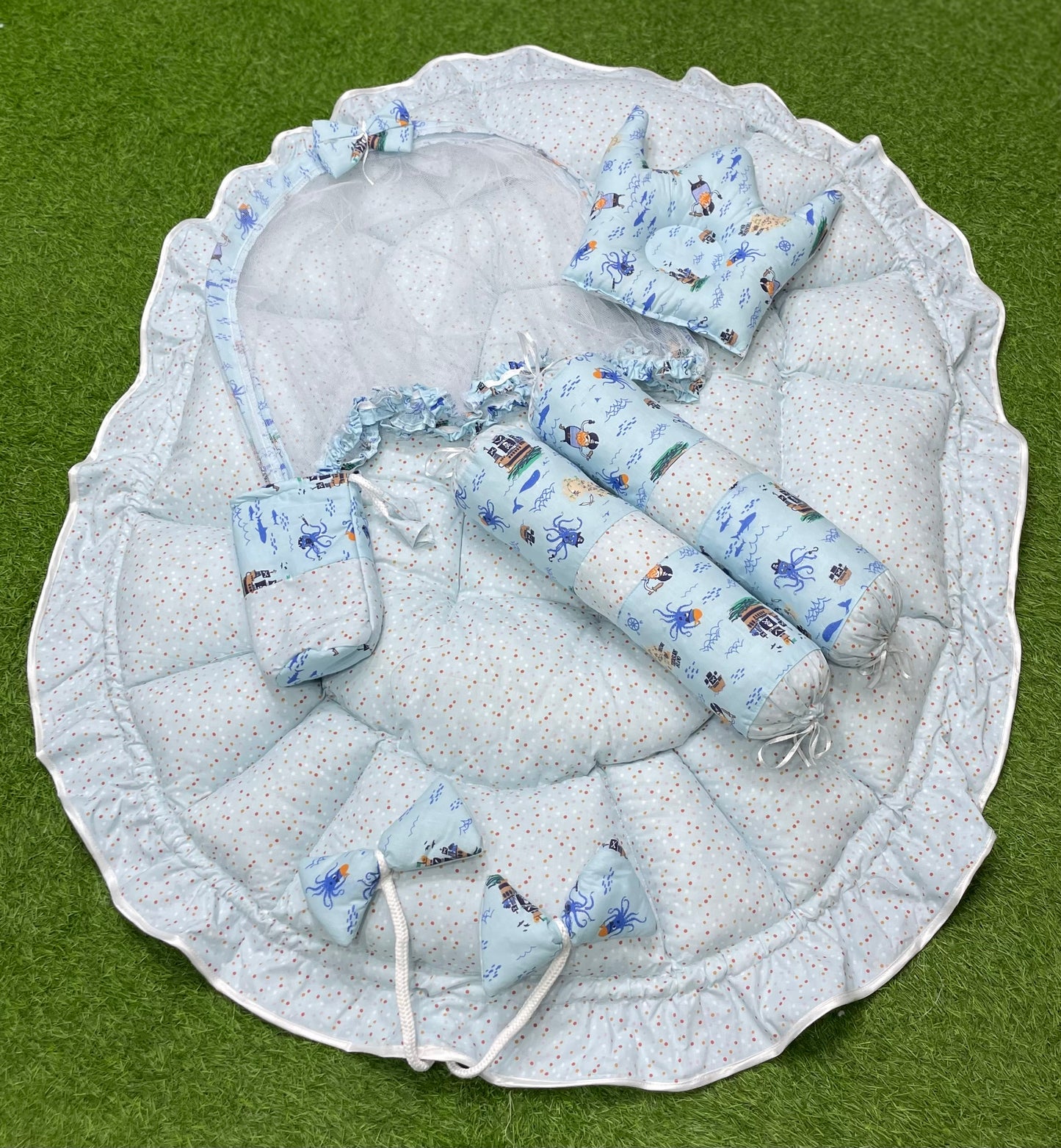 6pcs Royal Snuggle Bed Set. Comforts Oval Masterpiece - Sky Blue