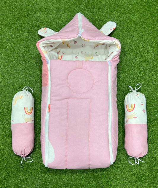 3pcs 2in1 hooded travel carry nest cute bundle (pink unicorn)