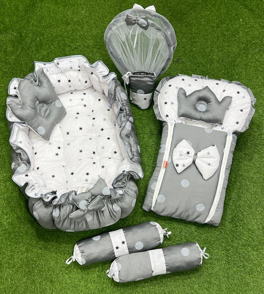 8pcs Royal Snuggle Bed Set. Comforts Oval Masterpiece - Grey Stars*