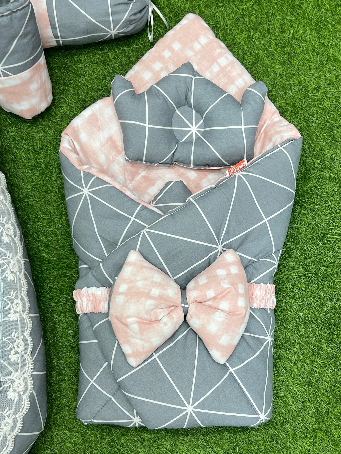 9pcs Baby Snuggle Bed Set -- Grey Pink