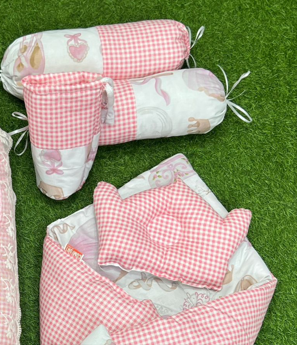 9pcs Baby Snuggle Bed Set - - Cute Pink White