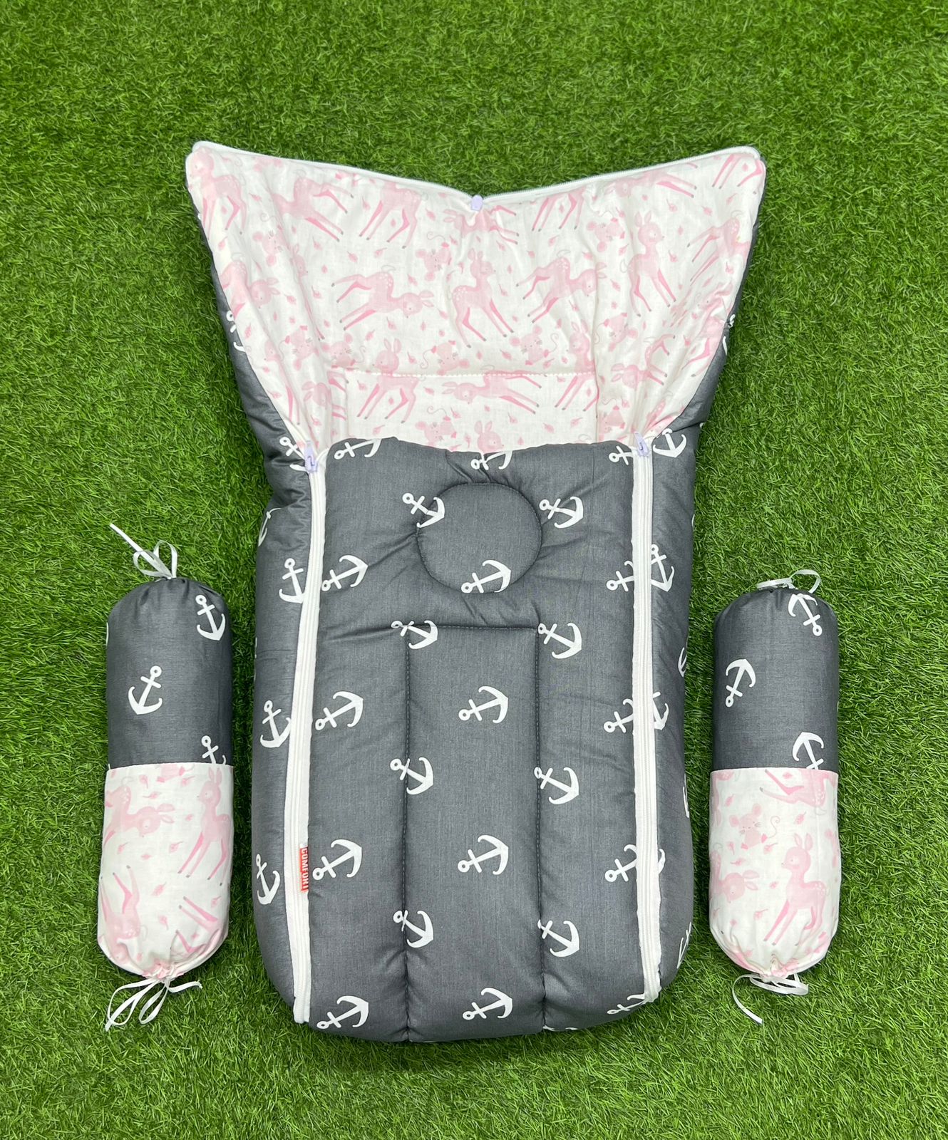 3pcs 2in1 hooded travel carry nest cute bundle (Grey & Pink)