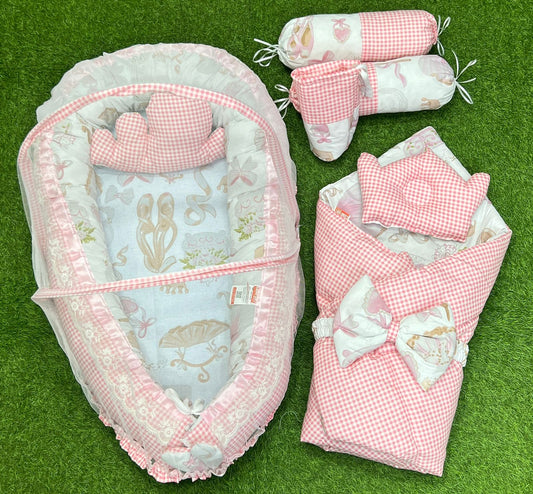 9pcs Baby Snuggle Bed Set - - Cute Pink White