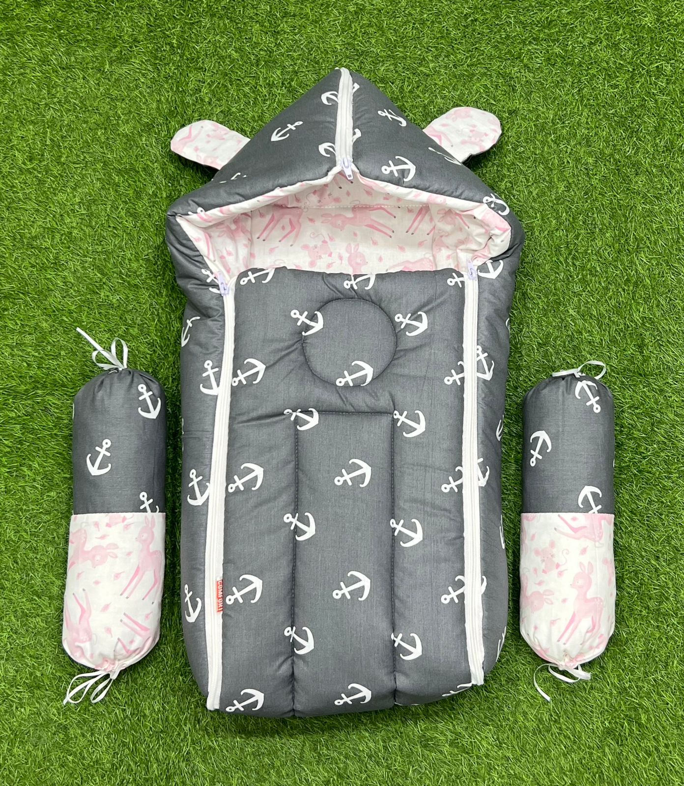 3pcs 2in1 hooded travel carry nest cute bundle (Grey & Pink)