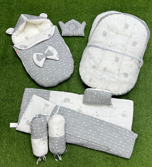 7pcs Fancy & Stylish Baby Bedding Set -- Grey & White