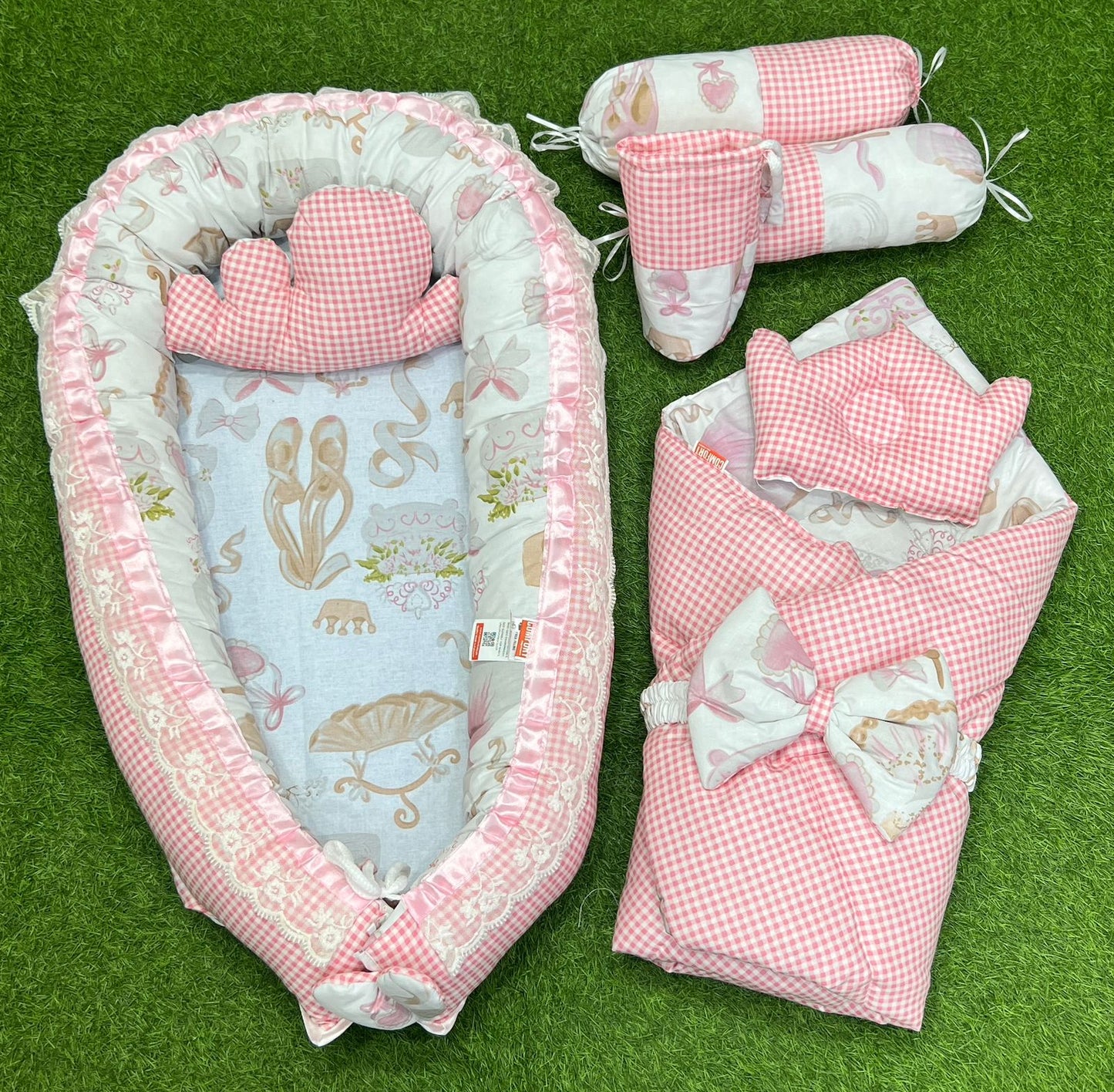 9pcs Baby Snuggle Bed Set - - Cute Pink White