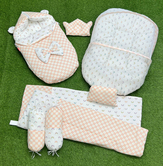 7pcs Fancy & Stylish Baby Bedding Set -- Peach Check